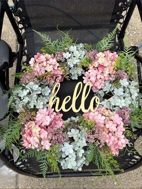 Hello Floral Hydrangea Wreath in Pink and Sage by
